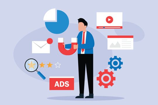 Inbound Marketing Concept with Businessman Holding Horseshoe Magnet for Customer Attraction and Digital Lead Generation 2d flat vector illustration