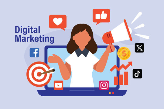 Digital Marketing Concept with Woman Holding Megaphone and Social Media Icons on Laptop Screen 2d flat vector illustration
