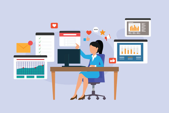 Businesswoman Working at Desk with Dashboard Analytics, Charts, and Project Management Interfaces 2d flat vector illustration