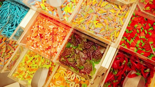 Top down sliding, colorful candy boxes showing variety texture and vivid tones