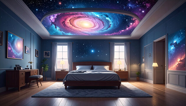 Galaxy bedroom interior with starry night sky projection