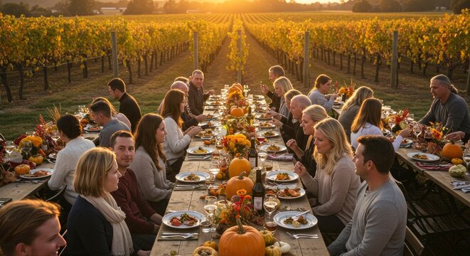Friends and Family Enjoy Autumn Harvest Dinner in Vineyard