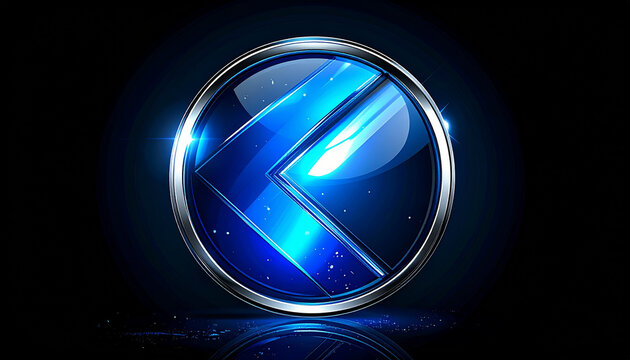 Glowing blue logo with metallic silver border and abstract design