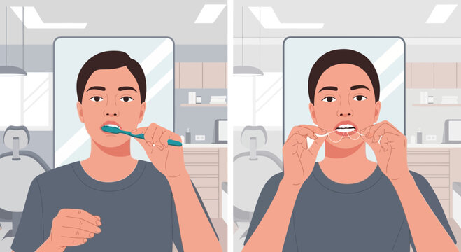 Man brushing teeth and flossing in bathroom, oral hygiene routine illustration