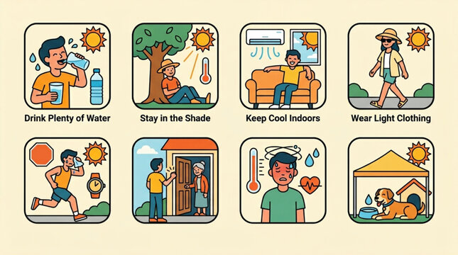 Collection of illustrated icons depicting heatwave safety tips including drinking water, staying in shade, keeping cool indoors, wearing light clothing, and protecting pets