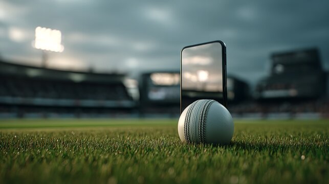 Cricket Ball Resting on Mobile frot Lush Green Grass Under Sunlight at an Outdoor Stadium Setting