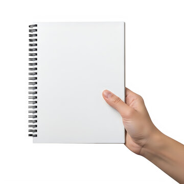 a person's left hand holding a blank white spiral notebook with their thumb on the bottom right corner and the rest of their fingers on the side, against a plain white background