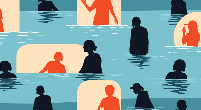 Abstract illustration showing various human silhouettes in blue and orange colors wading through water or standing in a pool.