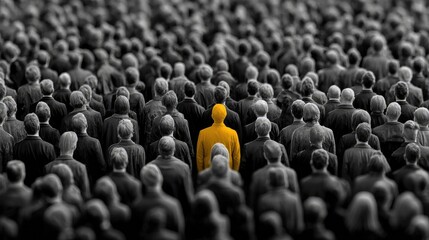 Obraz premium Stand Out in the Crowd: Unique Yellow Figure in a Sea of Monochrome Individuals