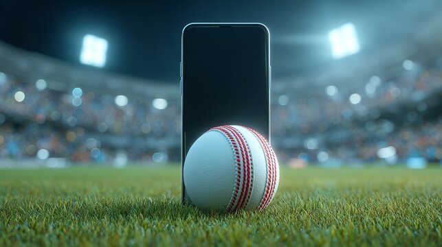 Cricket Ball Resting on Mobile frot Lush Green Grass Under Sunlight at an Outdoor Stadium Setting