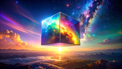 Vibrant cube floating in colorful galaxy landscape with stars and sunset
