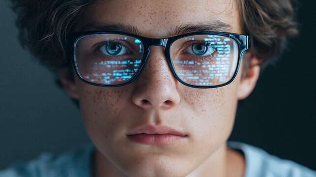 Young coder wearing glasses reflecting computer code determined stare looking directly at viewer