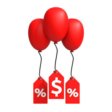 Red balloons with percentage and dollar sign price tags representing a sale or discount event