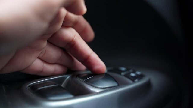 a human hand pressing an electric window button inside a car interior. Cinematic shallow depth of field shot with natural daylight for automotive lifestyle and transportation ads.