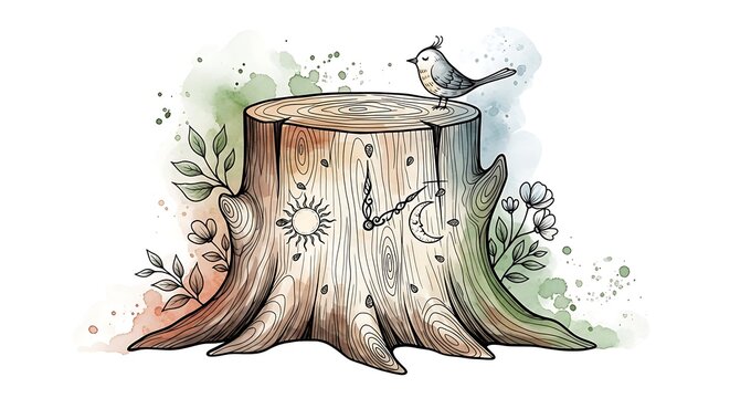 Tree stump clock illustration