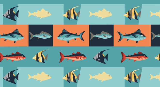 Rectangular grid pattern featuring different species of colorful fish swimming in a structured layout with various backgrounds.