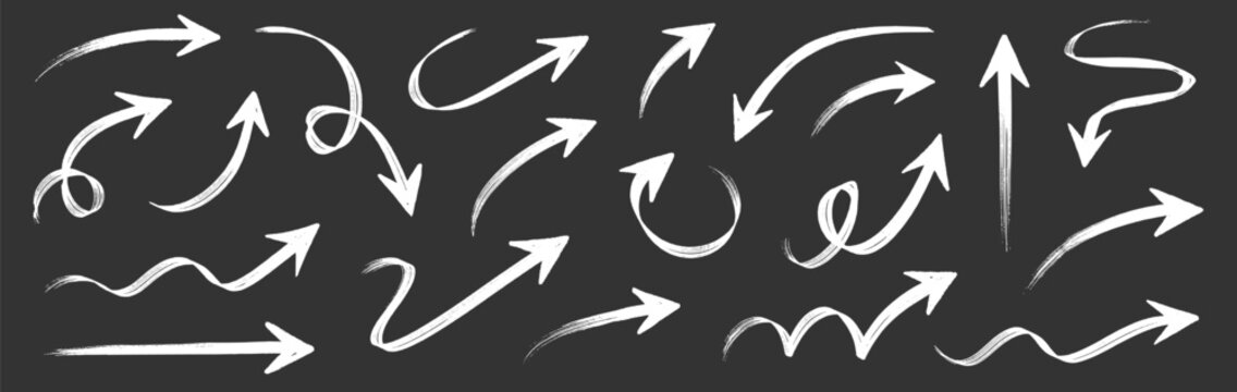 Arrow hand draw brush element set. Hand drawn arrow brush chalk white line stroke on chalkboard background. Scribble doodle curve wave swirl bold kid school note fun. Vector illustration