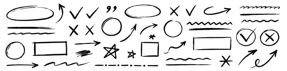 Line arrow brush doodle set. Hand drawn line arrow brush underline marker check pen highlight texture. Crayon chalk scribble circle curve star wave squiggle grunge background. Vector illustration © Polina Tomtosova