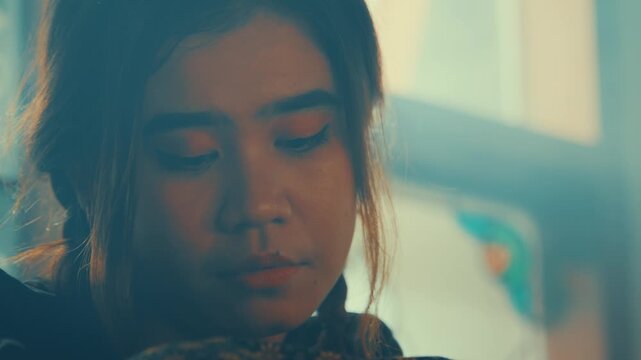 Cinematic Close Up of Heartbroken Woman Looking Down