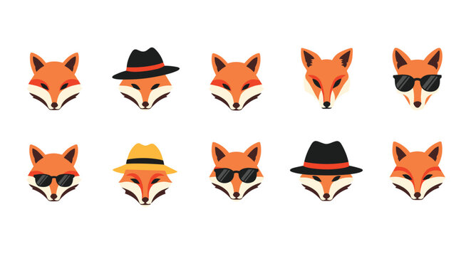 Fun collection of orange fox heads wearing various accessories like hats and sunglasses arranged in a grid for character design.