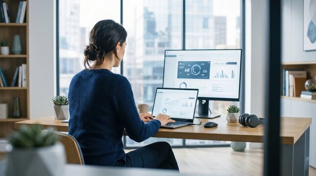 Woman working from home office analyzing business dashboard on laptop and external monitor, focused on performance metrics and web analytics in comfortable remote work environment