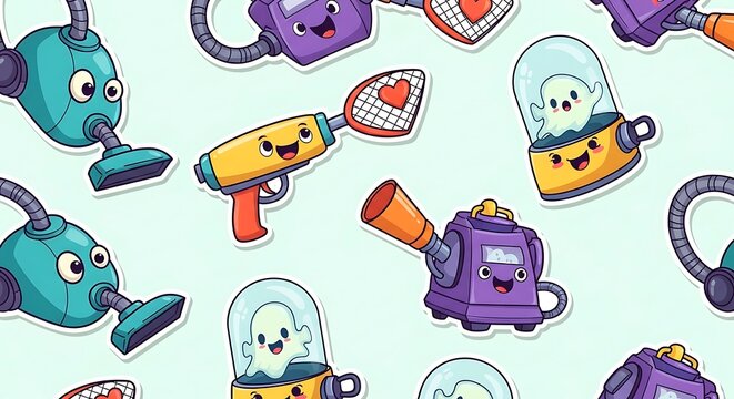 Seamless pattern of cartoon robots and ghosts