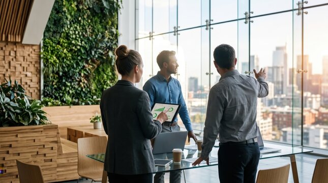 Business team discussing sustainability metrics on tablet in modern office with city view, highlighting collaborative strategy sessions for ESG reporting