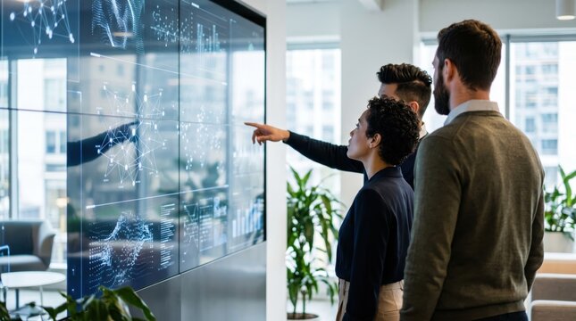 Business team analyzing complex digital data and network graphs on large interactive screen in modern office