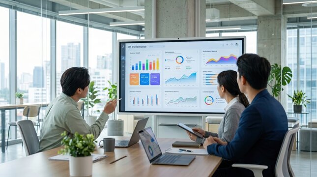 Colleagues reviewing quarterly performance charts and financial statistics on large display in glass conference room