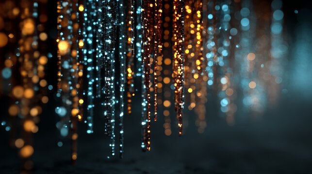 Matrix-inspired falling code streams in muted soft blue and warm tan tones, glowing gently over a dark background with subtle vignette, modern cinematic digital design