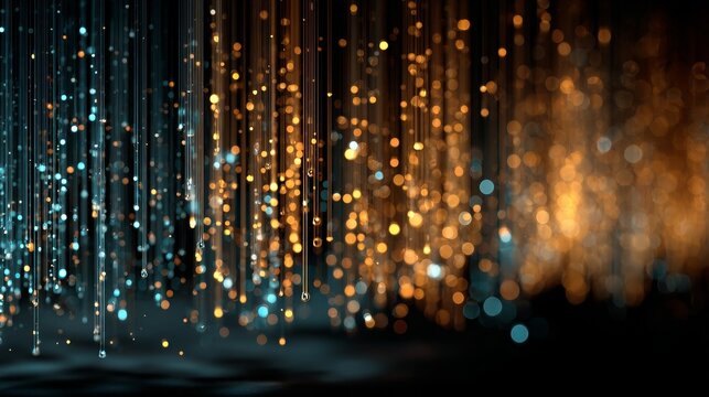 Matrix-inspired falling code streams in muted soft blue and warm tan tones, glowing gently over a dark background with subtle vignette, modern cinematic digital design
