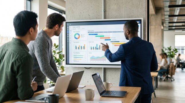 Colleagues collaborating around digital dashboard screen in modern office, project management discussion, data visualization and analytics