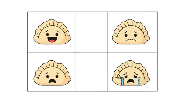 Set of four cute dumpling characters with different sad and unhappy facial expressions like crying and frowning in a grid.