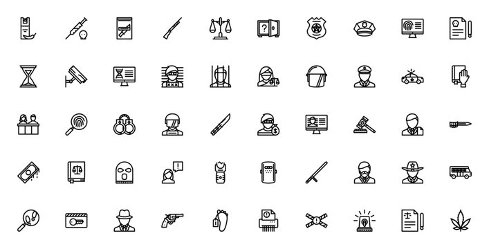 Law icon set. Minimal linear icons. Justice icon pack. Featuring handcuffs, judge, lawyer, badge, evidence, gun, fingerprint, and more. Editable vector stroke.