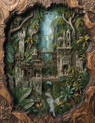 Obraz premium 3D Wood Carved Diorama of Ancient Jungle Ruins and Deep Waterfall