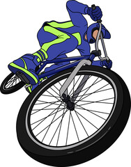 Fototapeta premium Stylized illustration of an extreme BMX rider performing an action stunt in a low-angle with dramatic perspective. Urban cycling artwork expressing speed, youth culture, freestyle biking, and motion