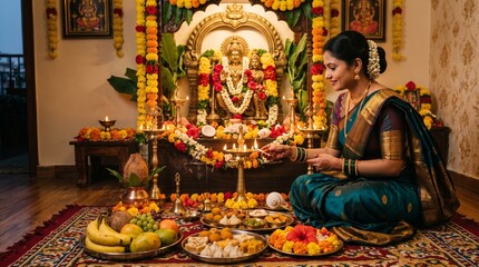 Fototapeta premium Parama Ekadashi Puja Celebration with Devotional Offerings at Home 