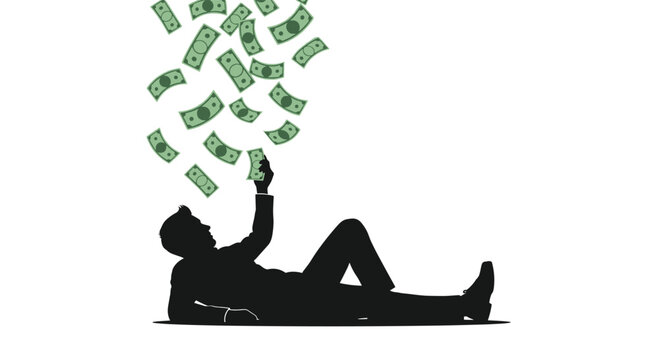Silhouette of a successful person lying down and catching falling cash banknotes representing wealth and financial gain.