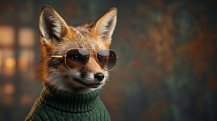 Naklejka premium Hipster Fox Portrait in Green Sweater and Sunglasses