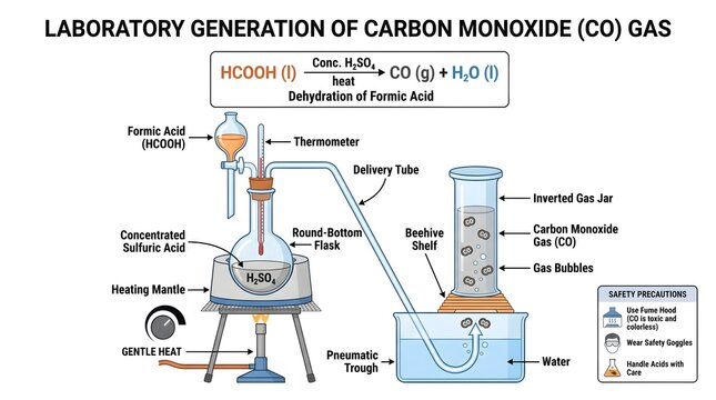Laboratory Generation of Carbon Monoxide (CO) Gas: Dehydration of Formic Acid Using Concentrated Sulfuric Acid, Detailed Round‑Bottom Flask Apparatus, Gas Collection over Water and Essential Hazard Sy
