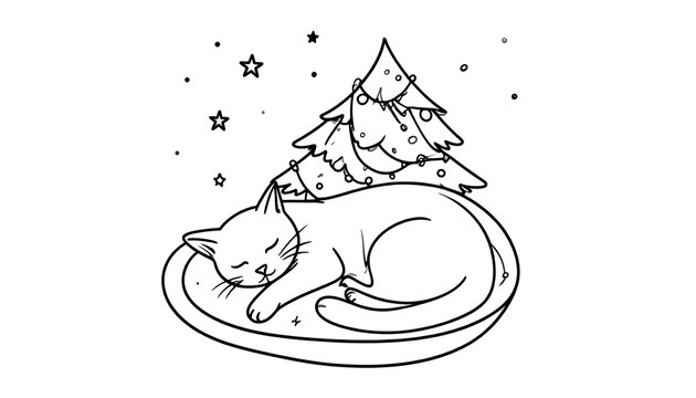 Black and white illustration of a sleeping cat curled up on a dish, beneath a decorated tree and stars