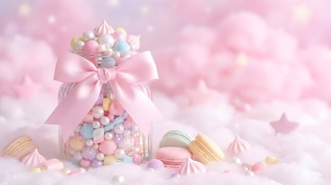 Dreamy Pastel Candy Jar with Macarons and Fairy Tale Cloud Aesthetic