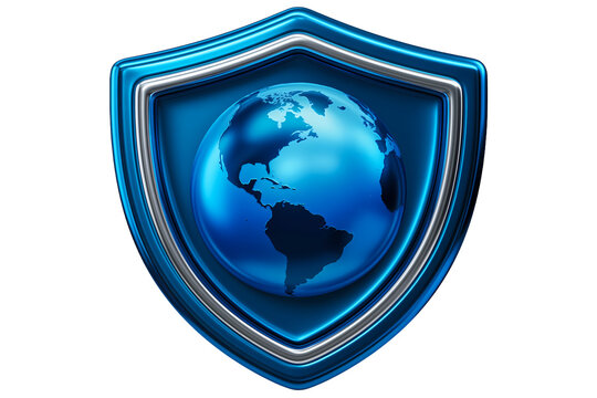 Blue glowing globe shield global cybersecurity data protection digital security technology isolated on white background