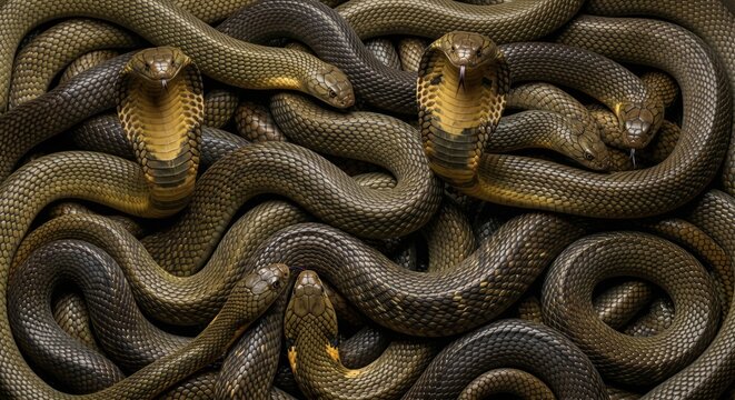 A dense tangle of multiple brown venomous cobras with raised hoods and textured scales intertwined in a dark mysterious and intimidating wildlife cluster