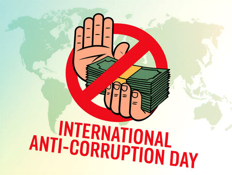 International anti corruption day illustration with hand holding money and prohibition sign against bribery worldwide