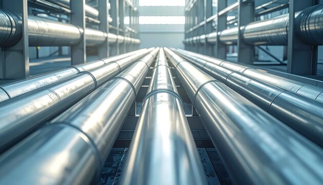Industrial Pipeline System with Rows of Metal Pipes.