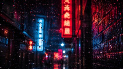 Fototapeta premium Rainy Night in a Cyberpunk City Alley with Neon Signs and Water Drops on Glass