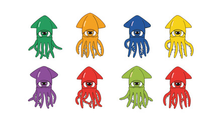 Fototapeta premium Set of eight stylized squids in various vibrant colors including green, orange, blue, and purple on a white background.