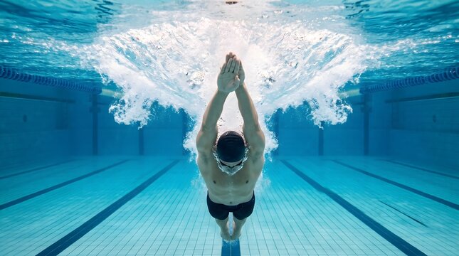 Underwater View of a Male Swimmer Diving into an Indoor Swimming Pool with Dynamic Splashes