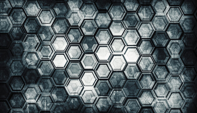 Aggressive dramatic lighting highlights the distressed metallic textures of this dadaist inspired repeating hexagonal geometric pattern creating a dark industrial background with deep shadows.